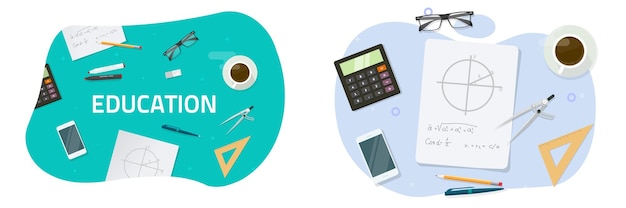 Schultisch-Schreibtisch-Draufsicht mit Mathe-Hausaufgaben-Bildungs-Grafikdesign-Bildungs-Desktop