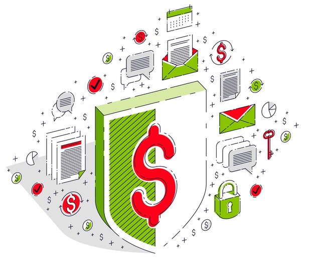 Schutz der finanzen konzept, finanzielle sicherheit, rettungsring und schild isoliert auf weißem hintergrund. vector isometrische 3d-geschäftsillustration mit symbolen, statistikdiagrammen und gestaltungselementen.