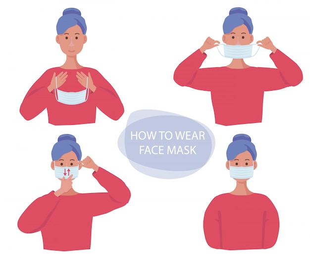 Vektor schutzmaske. menschliche gesten, wie grippemaske auf gesichtsgesundheitsinfektionsschutzkonzeptinfoillustrationen tragen