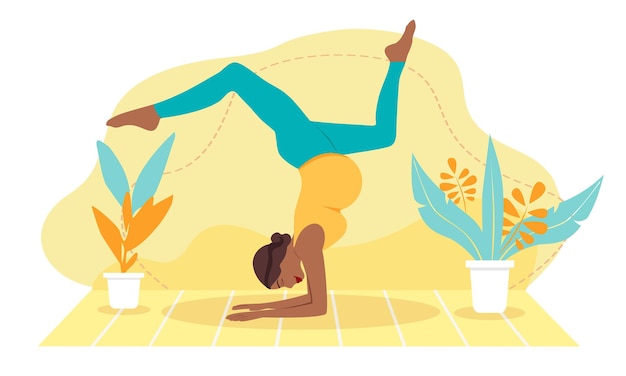 Schwangere dunkelhäutige frau, die zu hause yoga macht, illustration für pränatales yoga