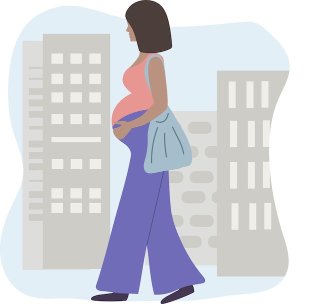 Schwangere Frau, die in der Stadt spazieren geht Schwangerschaft und Mutterschaft Vektor flache Illustration