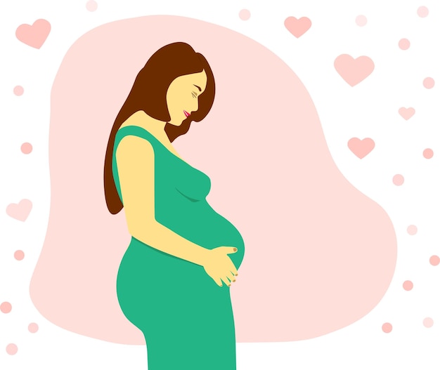 Schwangere Frau mit langen Haaren hält ihren Bauch Schwangerschaft und Mutterschaft Banner mit Herzen