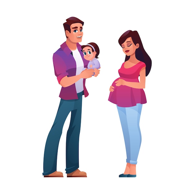 Schwangere frau und papa mit baby isoliert junge eltern mit kindern vektor glückliches paar warten