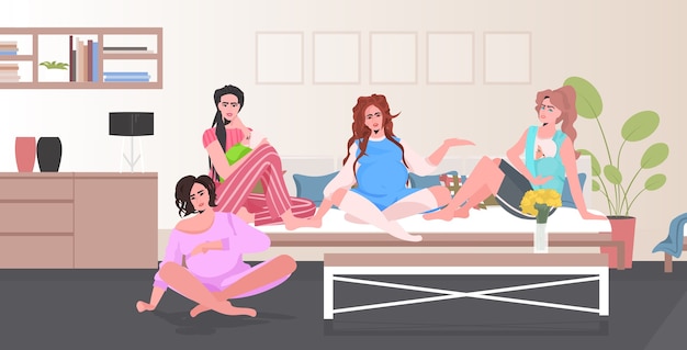 Schwangere frauen und mütter mit kindern diskutieren während des treffens mädchen sitzen zusammen schwangerschaft mutterschaft konzept schlafzimmer interieur in voller länge horizontale vektor-illustration