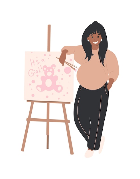 Schwangerschaft hobby home activity illustration, cartoon happy black schwangere frau charaktermaler