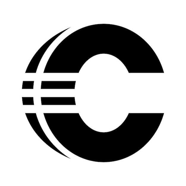Schwarz abstrakte buchstabe c-symbol mit horizontalen streifen auf weißem hintergrund