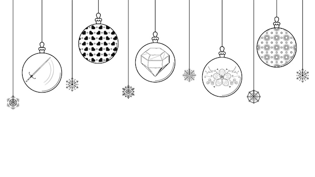 Vektor schwarz doodle umriss einfache linie abstrakte maerry christmas xmas balls mit schneeflocken holiday decora