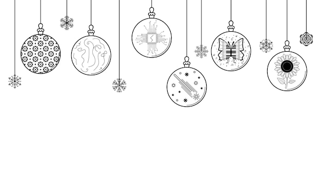 Vektor schwarz doodle umriss einfache linie abstrakte maerry christmas xmas balls mit schneeflocken holiday decora