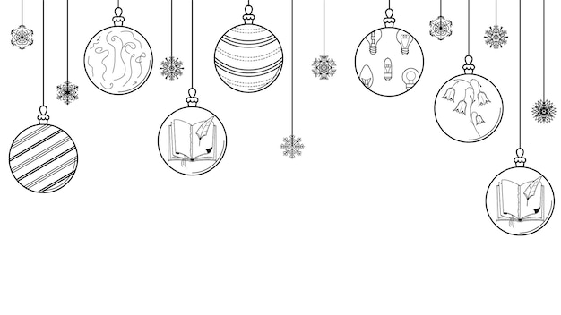 Vektor schwarz doodle umriss einfache linie abstrakte maerry christmas xmas balls mit schneeflocken holiday decora