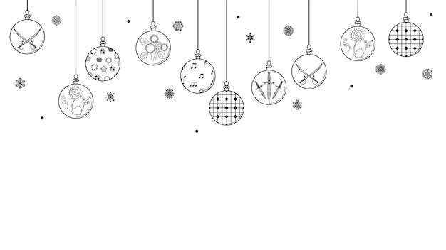 Vektor schwarz doodle umriss einfache linie abstrakte maerry christmas xmas balls mit schneeflocken urlaub