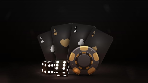 Schwarz-goldene Spielkartenwürfel und schwarze Casino-Chips in dunkler Szene