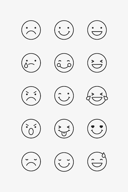 Schwarz umrissenes Emoticon-Set, isoliert auf einem grauen Hintergrundvektor
