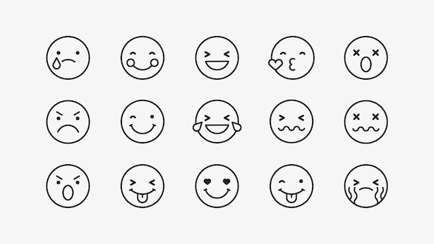 Schwarz umrissenes Emoticon-Set, isoliert auf einem grauen Hintergrundvektor