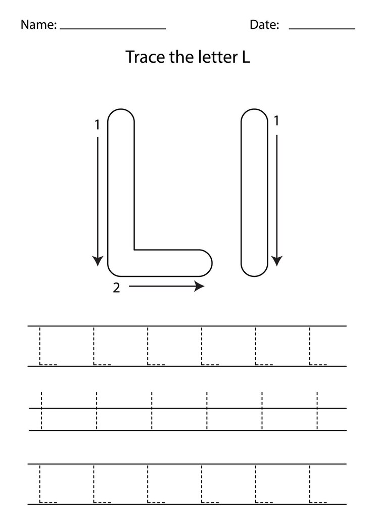 Schwarz-Weiß-Arbeitsblatt zum Erlernen des englischen Alphabets. Spurbuchstabe L.