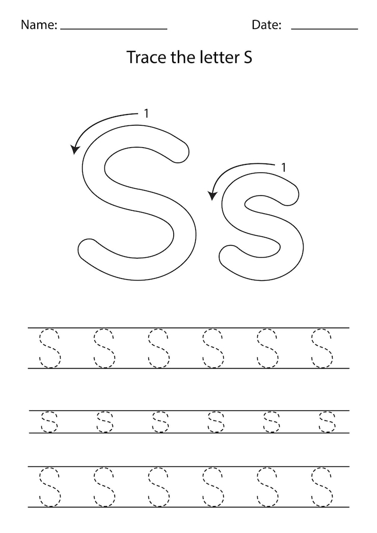 Schwarz-Weiß-Arbeitsblatt zum Erlernen des englischen Alphabets. Spurbuchstabe S.