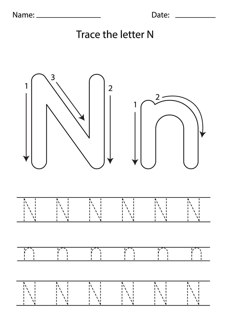 Schwarz-Weiß-Arbeitsblatt zum Erlernen des englischen Alphabets. Verfolgen Sie den Buchstaben N.