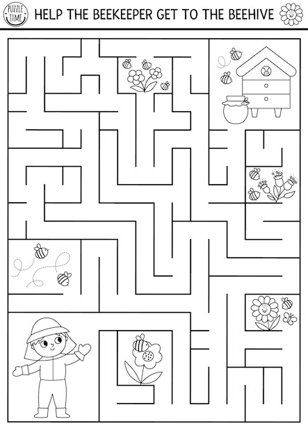 Schwarz-weiß-bauernhof-labyrinth für kinder mit imker und bienenstock druckbare vorschulaktivität auf dem land mit niedlichen bienen, blumen, honigglas geometrisches labyrinth-färbespiel oder puzzlexa