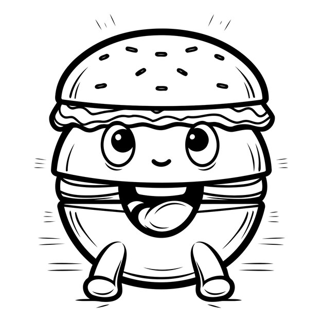 Vektor schwarz-weiß-cartoon-illustration des lustigen burger-maskottchencharakters