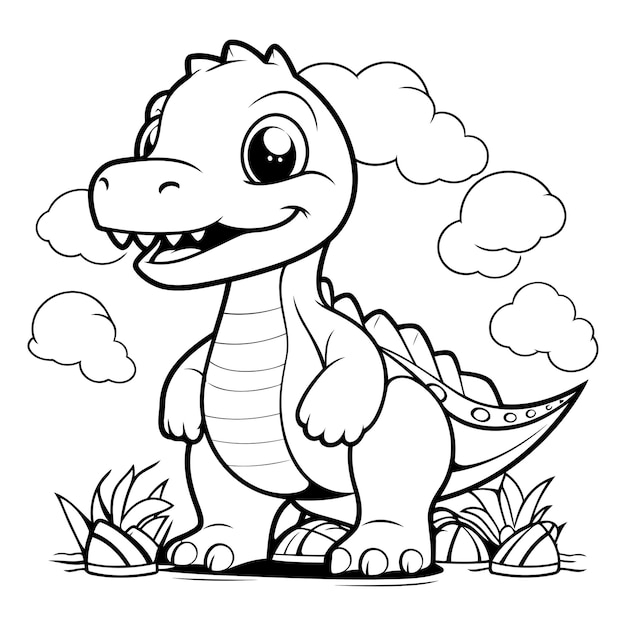 Vektor schwarz-weiß-cartoon-illustration des niedlichen dinosaurier-tiercharakters für das malbuch