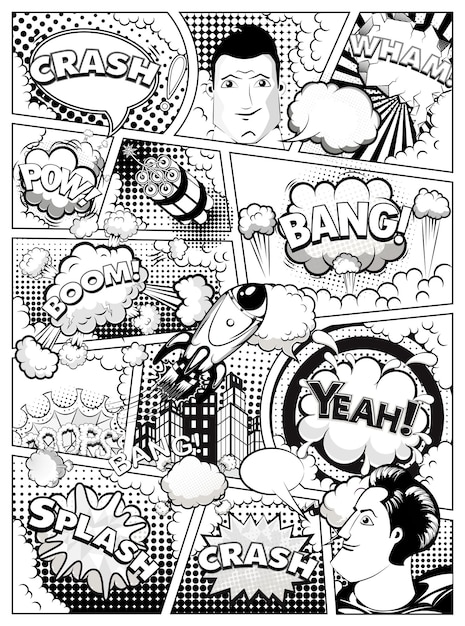 Vektor schwarz-weiß-comicbuchseite, die durch linien mit sprechblasen, rakete, superheldenhand und sou unterteilt ist