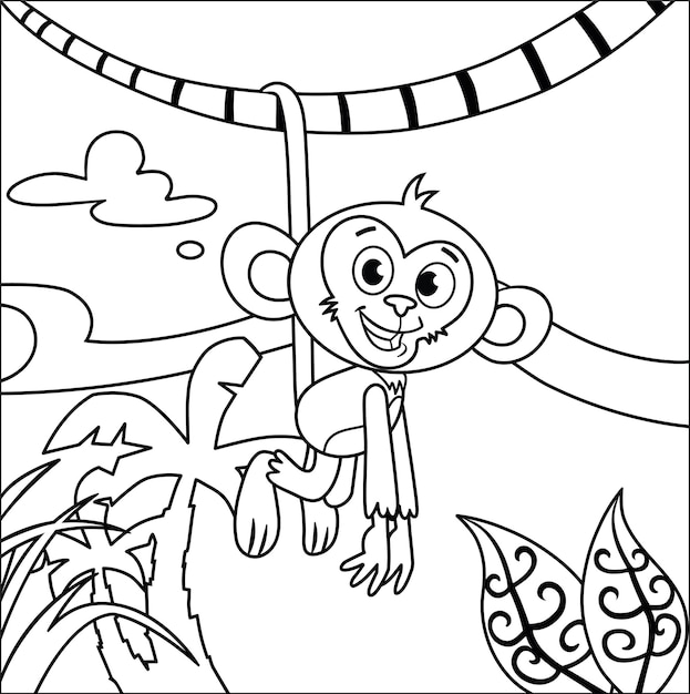 Schwarz-weiß ein Affe, der an einem Baumbrunch im Dschungel hängt