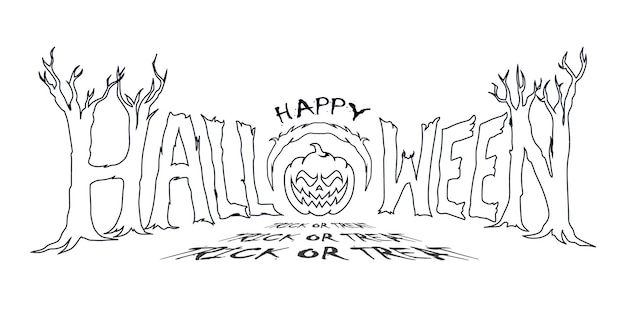 Schwarz-weiß-halloween-typografie-strichzeichnungen mit kürbis-vektor-illustration