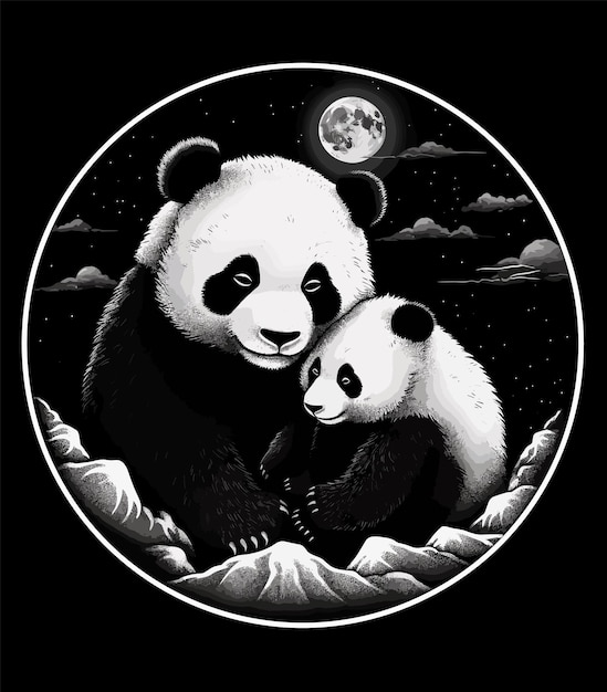 Schwarz-Weiß-Illustration eines Pandas und eines Pandababys in der Nacht