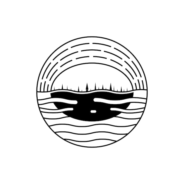 Vektor schwarz-weiß-illustration eines sonnenuntergangs mininal einfache linie und silhouette konzept