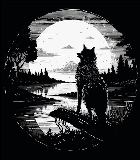 Schwarz-Weiß-Illustration eines Wolfes, der den Mond betrachtet