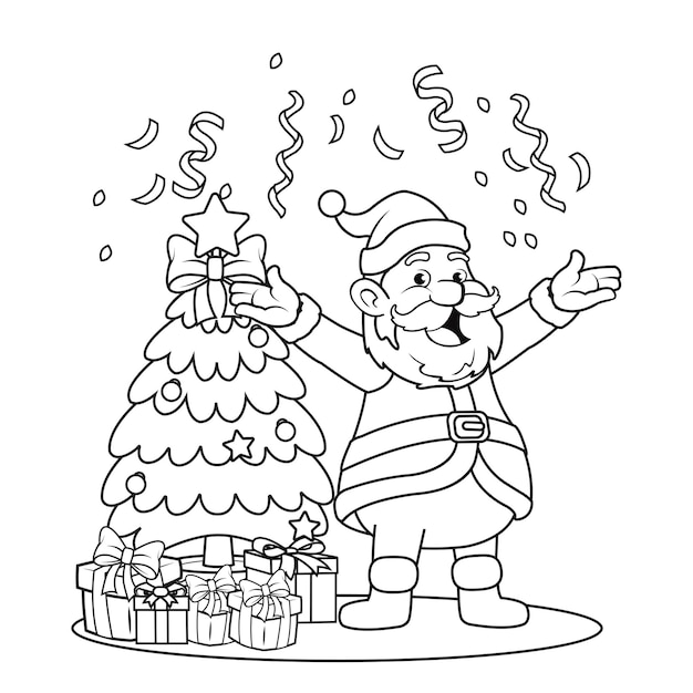 Schwarz-Weiß-Illustration für Weihnachten Malbuch von Santa stehend und mit Geschenkboxen