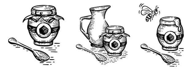 Vektor schwarz-weiß-illustration von skizzen mit einem glas honig