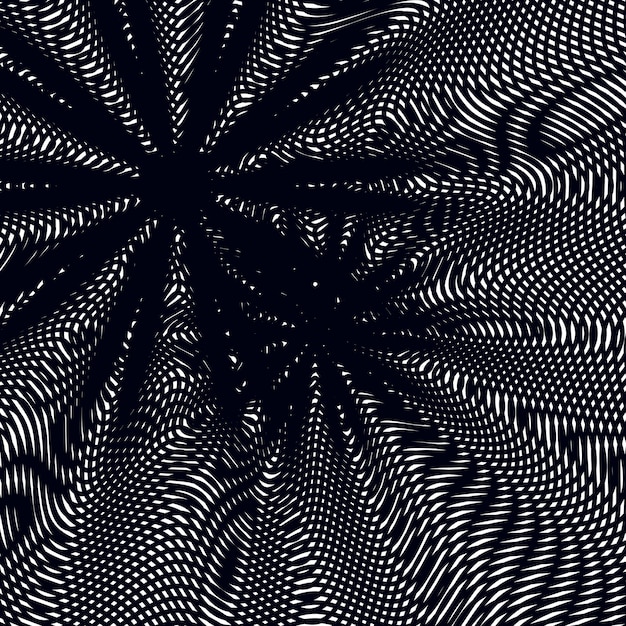 Schwarz-Weiß-Moiré-Linien, gestreifter psychedelischer Hintergrund. Kontrastvektormuster im Op-Art-Stil.