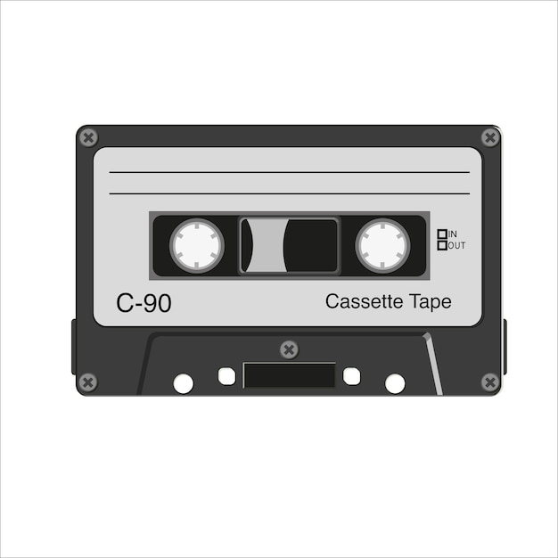 Schwarz-weiß-musikkassettenkassette retro-musik-audiokassette 80er jahre vektorgrafiken bildillustration isoliert auf weißem hintergrund