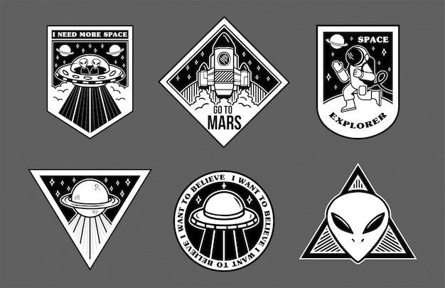 Schwarz-weiß-patches auf dem themenraum erforschen außerirdische ufo-raumschiffe mars astronauten.