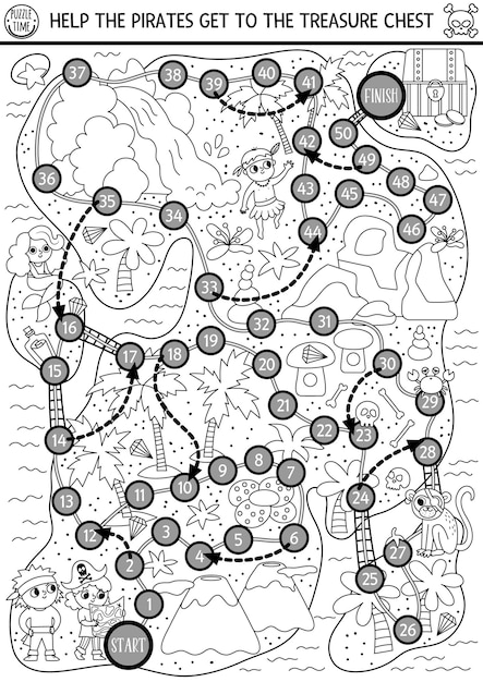 Schwarz-weiß-piraten-würfel-brettspiel für kinder mit süßen kindern piraten jagen schätze schatzinsel-jagd-brettspiel mit vulkan-wasserfall-tieren meer-abenteuer zum ausdrucken xa