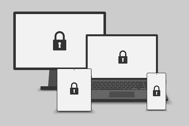 Schwarz-Weiß-realistisch Laptop-PC Smartphone und Schloss-Symbol isolieren auf weißem Hintergrund