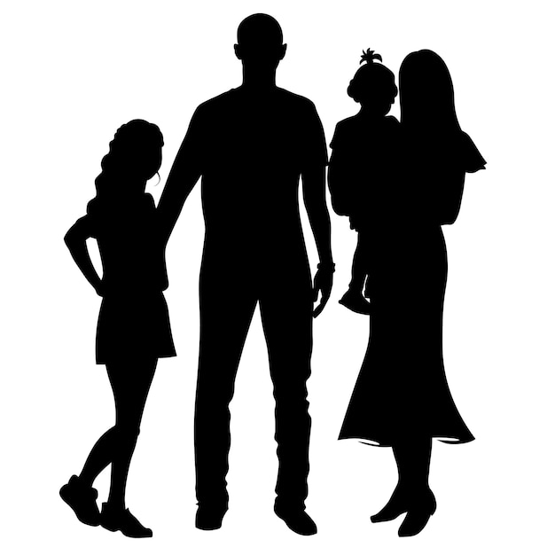 Vektor schwarz-weiß-silhouetten eines mannes und einer frau mit kindern, einer familie mit 4 personen