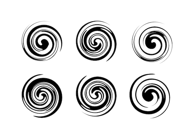 Schwarz-Weiß-Spirale, Kreis, schwarze Wirbel, verschiedene Formen, verdrehte Wirbelsilhouette auf weißem Backgr