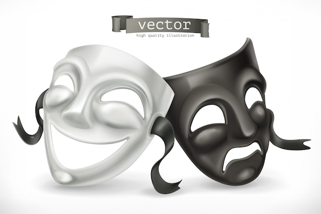Schwarz-Weiß-Theatermasken. Komödie und Tragödie, Ikone 3d