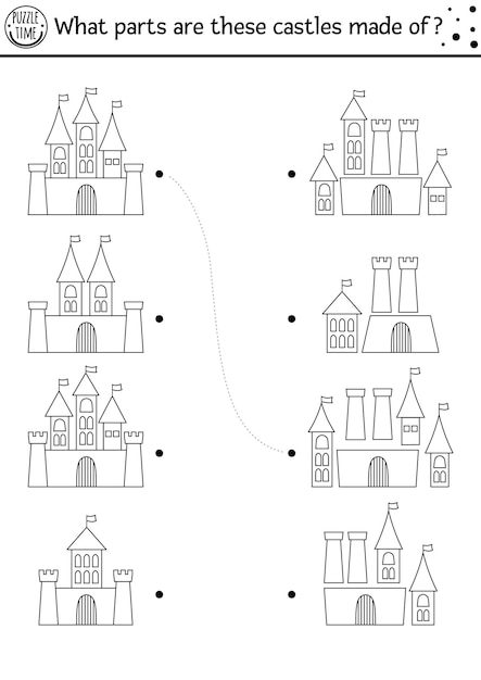 Schwarz-weiß-unterschiede finden logik- und zuordnungsspiel für kinder märchenpädagogische aktivität mit burgen finde teile druckbares arbeitsblatt magisches königreich puzzle oder malseitexa