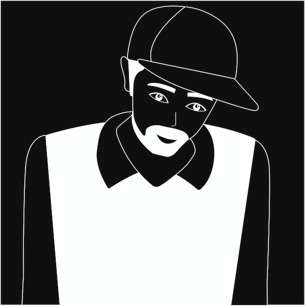 Schwarz-weiß-vektor-illustration handzeichnungslinie kerl in einer kappe ein mann mit bart