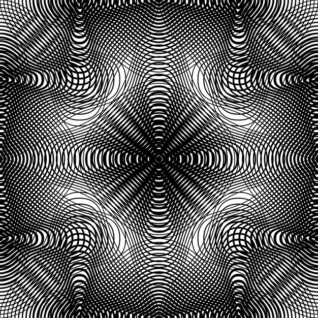 Schwarz-Weiß-Vektor-Ziermuster, nahtloser Kunsthintergrund mit monochromen Linien, am besten für Grafik- und Webdesign. Endlos verziert, Kaleidoskop-Effekt.