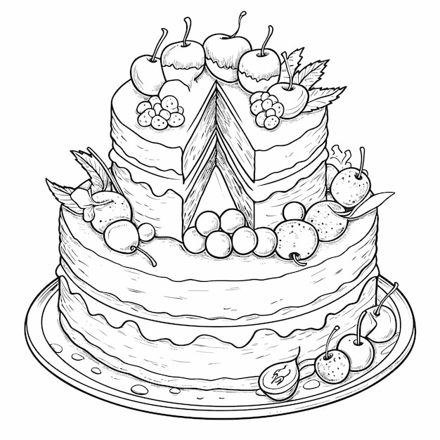 Vektor schwarz-weiß-zeichnung eines kuchens, handgezeichnete geburtstagskuchen-umrissillustration
