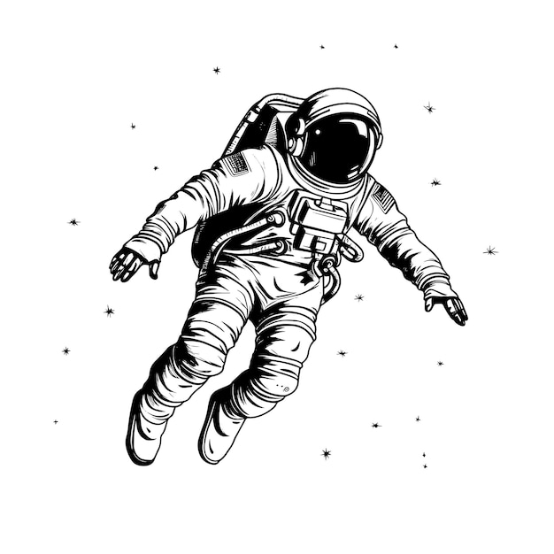 Schwarz-weiße 2d-illustration eines astronauten im weltraum