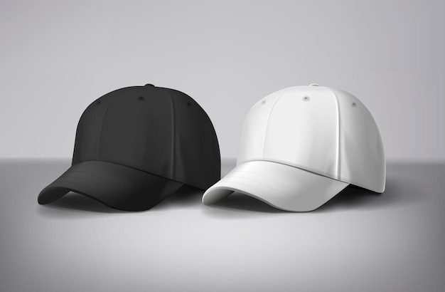 Schwarz-weiße Baseballmützen in grauem Hintergrund vorne und hinten für Branding und Werbung
