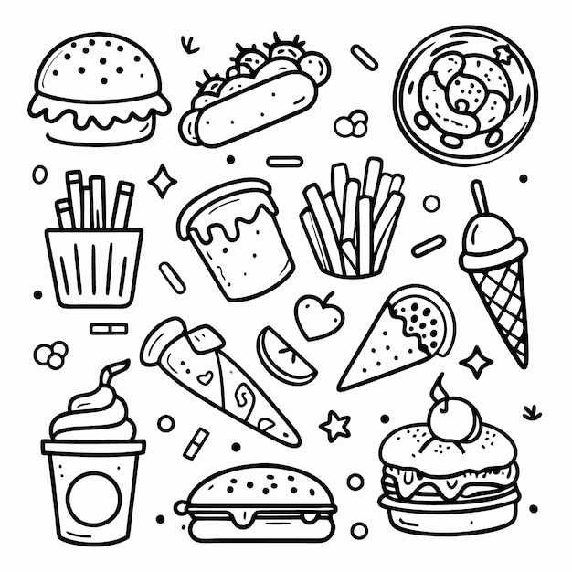 Schwarz-weiße Cartoon-Droodle-Illustration verschiedener Fast-Food-Artikel