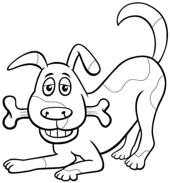 Schwarz-weiße Cartoon-Illustration eines gefleckten Hundetiercharakters mit Hundeknochen-Malseite
