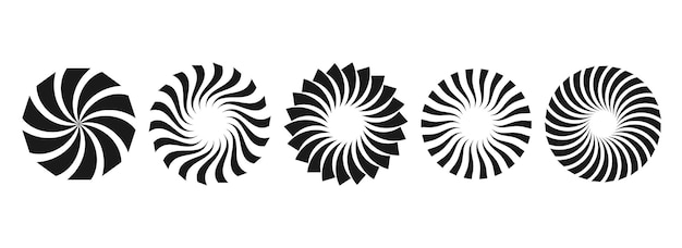 Schwarz-weiße locken-sunburst-kreise-kollektion. stilisierte, radial verdrehte elementpackung. runde strahlen