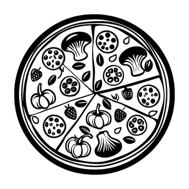 Schwarz-weiße Pizza-Illustration mit verschiedenen Toppings