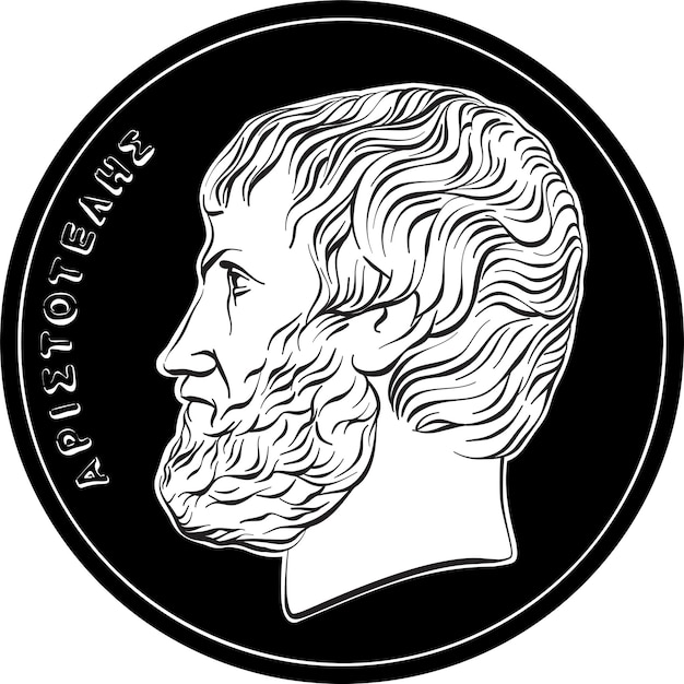 Schwarz-weiße Vektorvorderseite einer griechischen Drachmenmünze mit Aristoteles-Profil